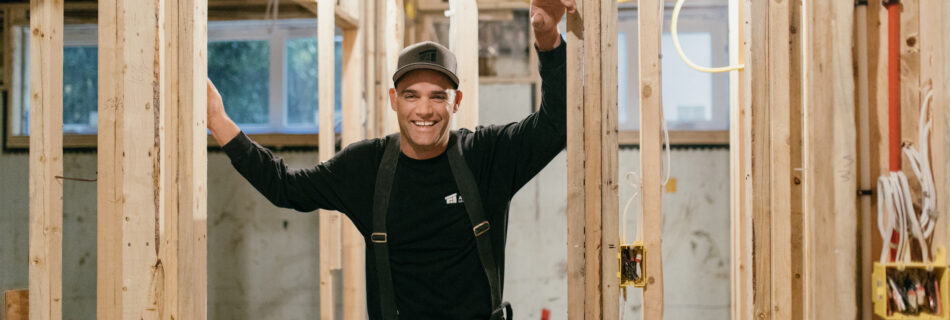 Guy Taylor, in progress construction site, wood framing, tool belt, Averra construction site, rough in electrical