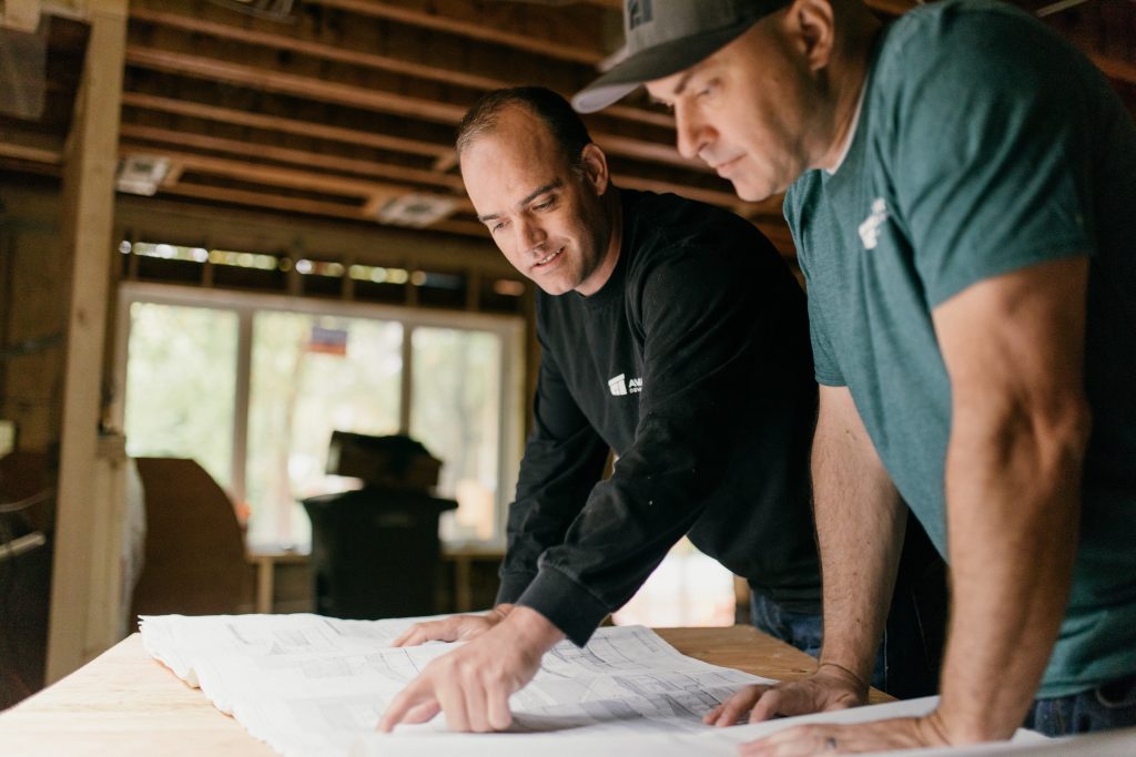 Gavin McLeod, Guy Taylor, Gavin and Guy, looking at house plans, construction, in-progress building,